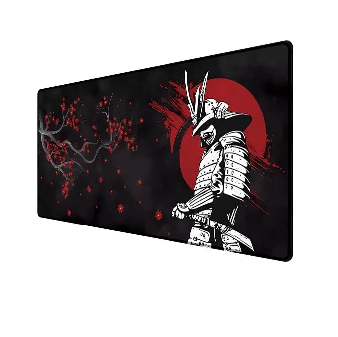 Japanese Samurai design gaming mouse pad on a desk, showing cloth surface and non-slip base.