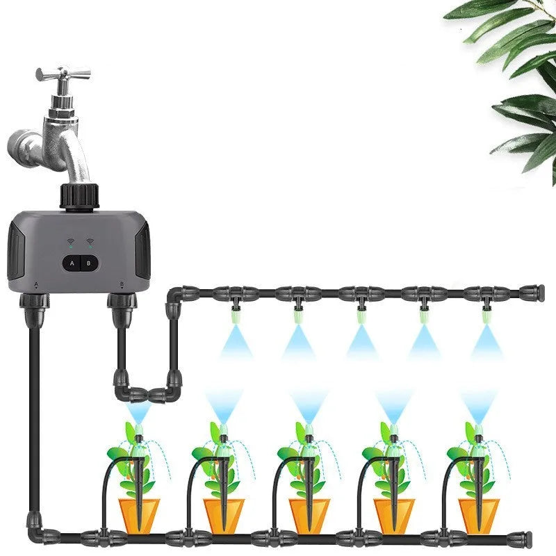 Bluetooth dual watering controller for remote mobile phone irrigation with display and hose connections