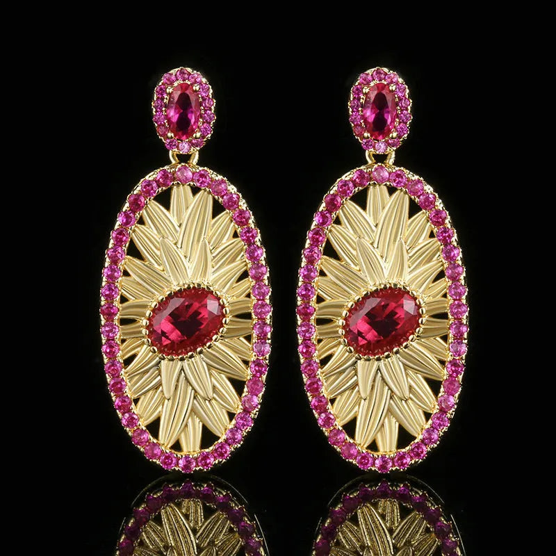 Gold-plated red corundum jewellery set showing necklace, ring and ear studs with diamond-cut water drop design