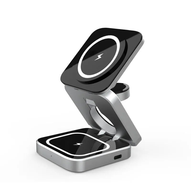 Folding desktop wireless charging bracket for Apple, Samsung and Google Pixel Watch devices