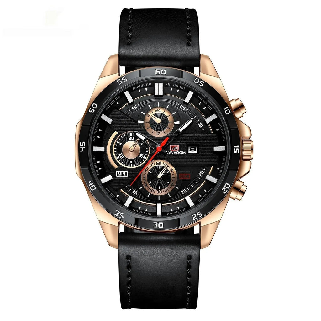 Men's casual quartz watch with leather strap and metal case in various colour combinations