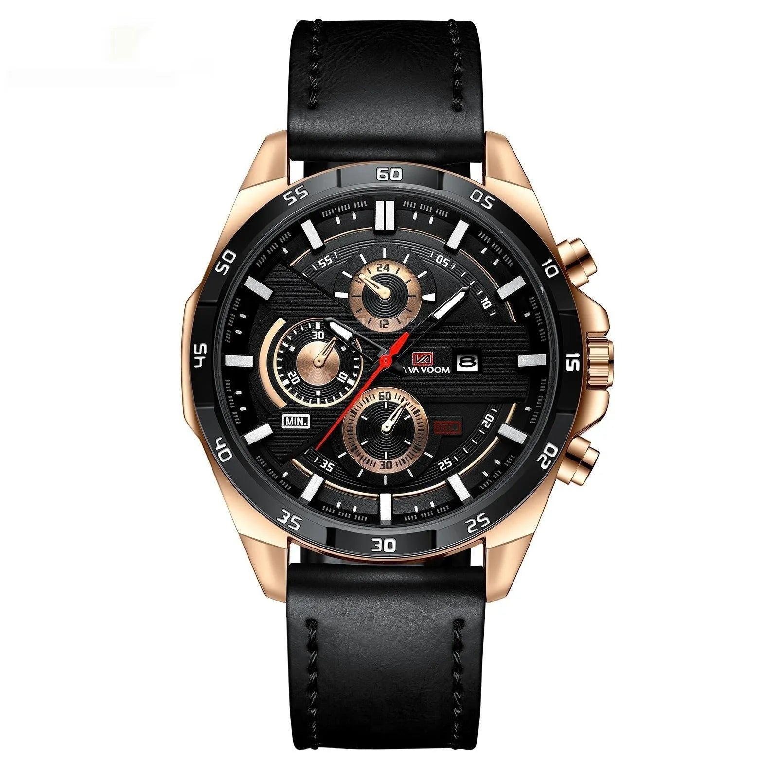 Men's casual quartz watch with leather strap and metal case in various colour combinations
