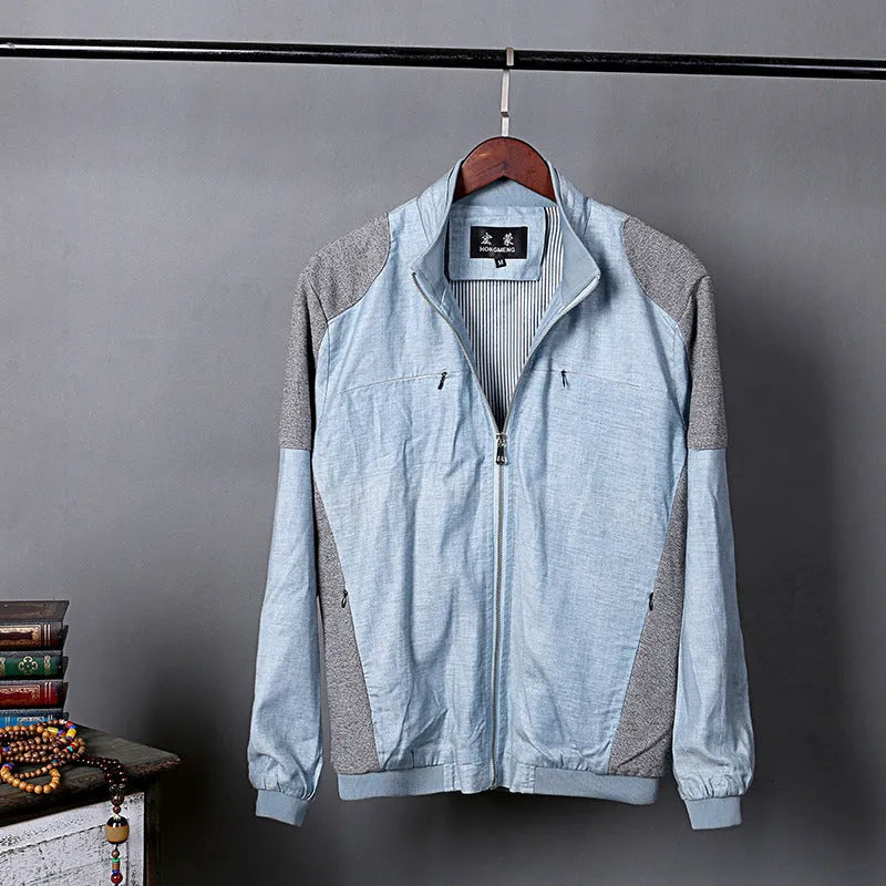 Men's thin blue cotton linen jacket with long sleeves, shown on a hanger.