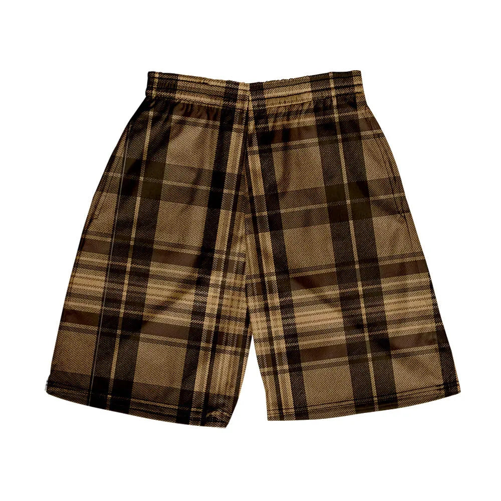 Men's blue and white plaid casual polyester shorts with an elastic waistband.
