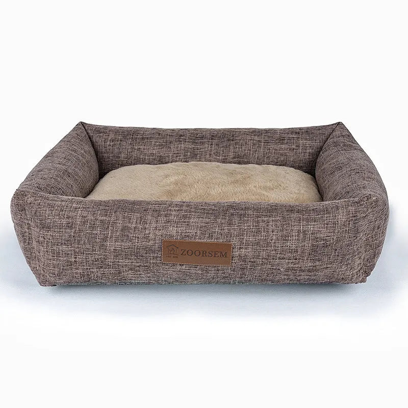 Square grey linen pet bed for dogs with dimensions 50x40cm to 80x60cm options
