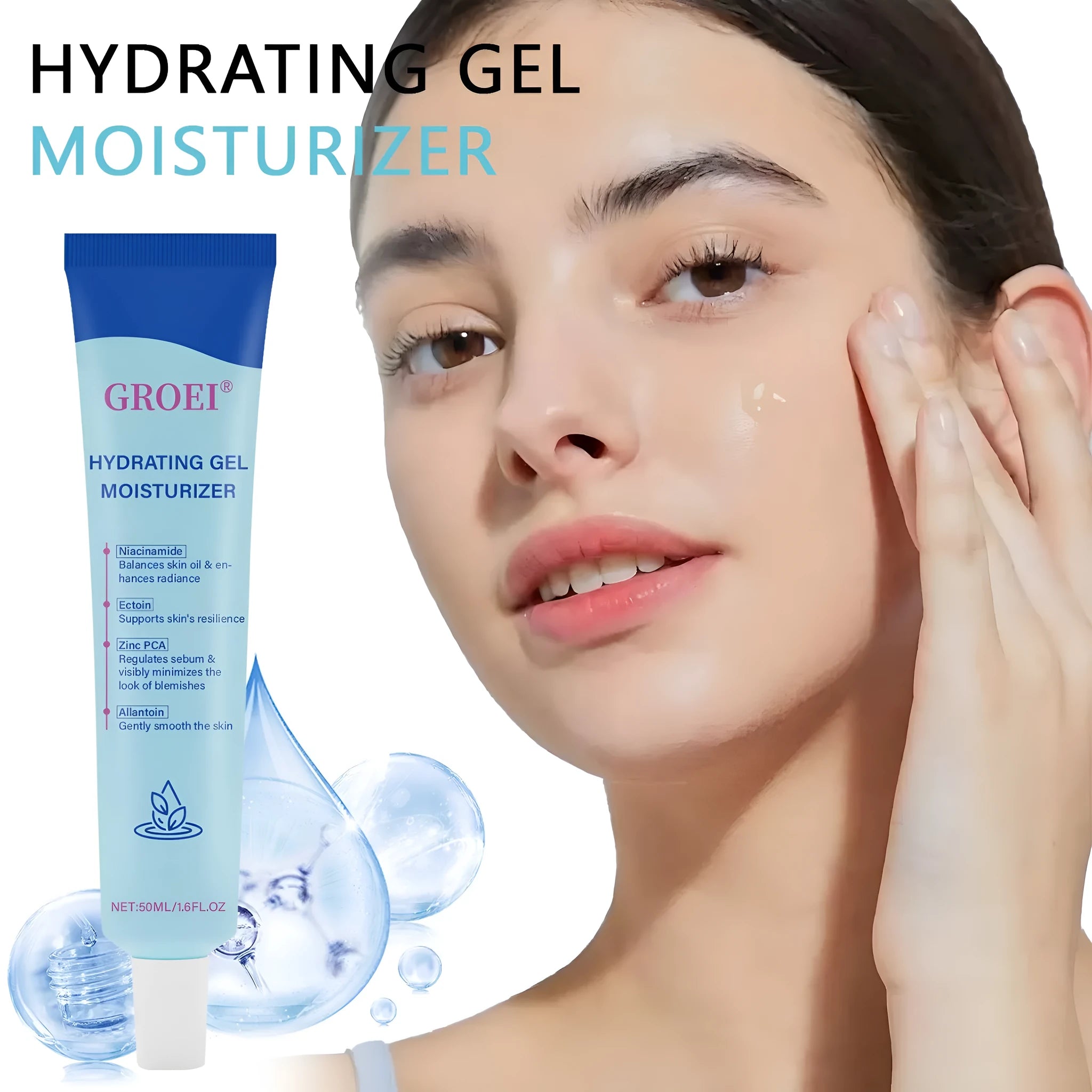 Moisturising facial gel with hyaluronic acid in 50ml container