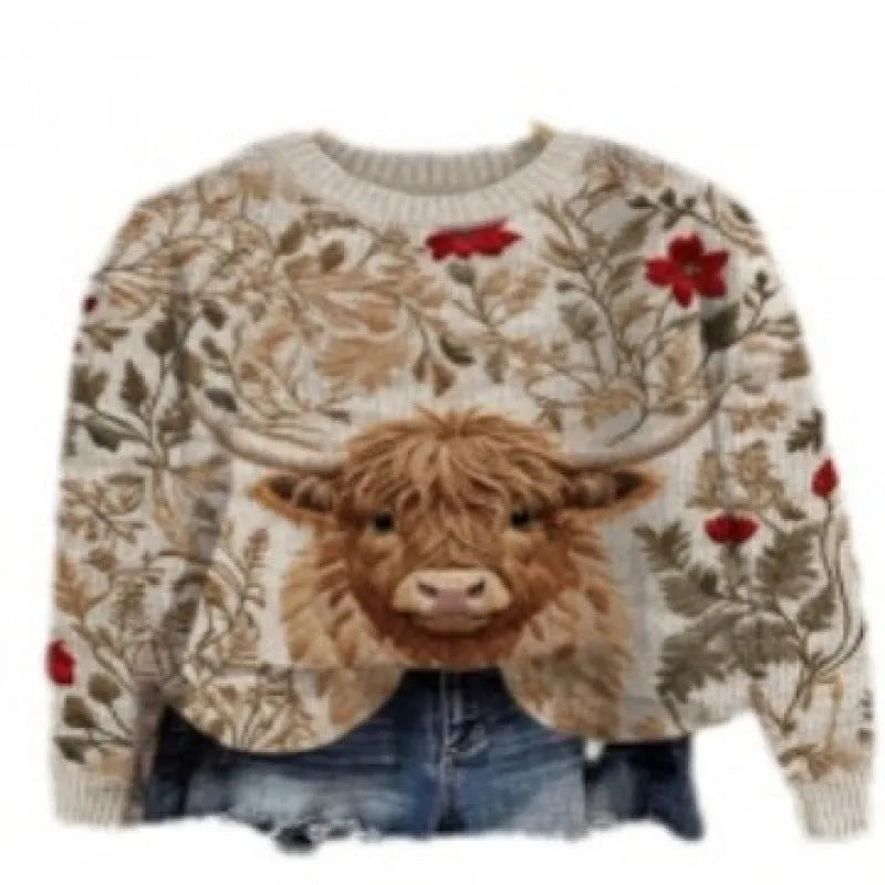 Women's little flower digital printed round neck sweater in polyester, shown in a selected colour from the YPM935 series.