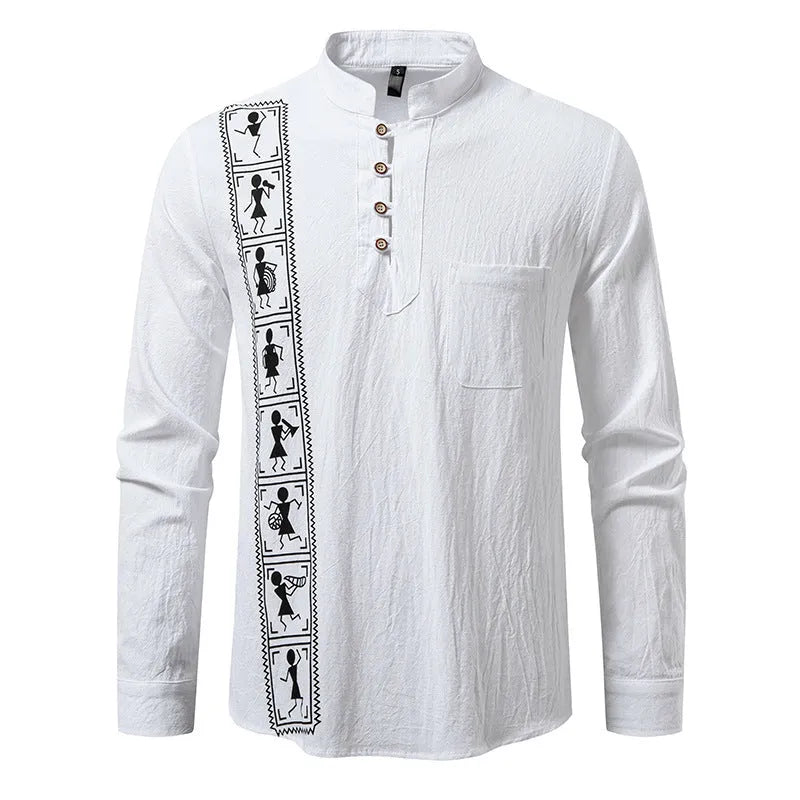 Men's solid colour cotton linen style slim fit pullover shirt in khaki, European sizes S-2XL