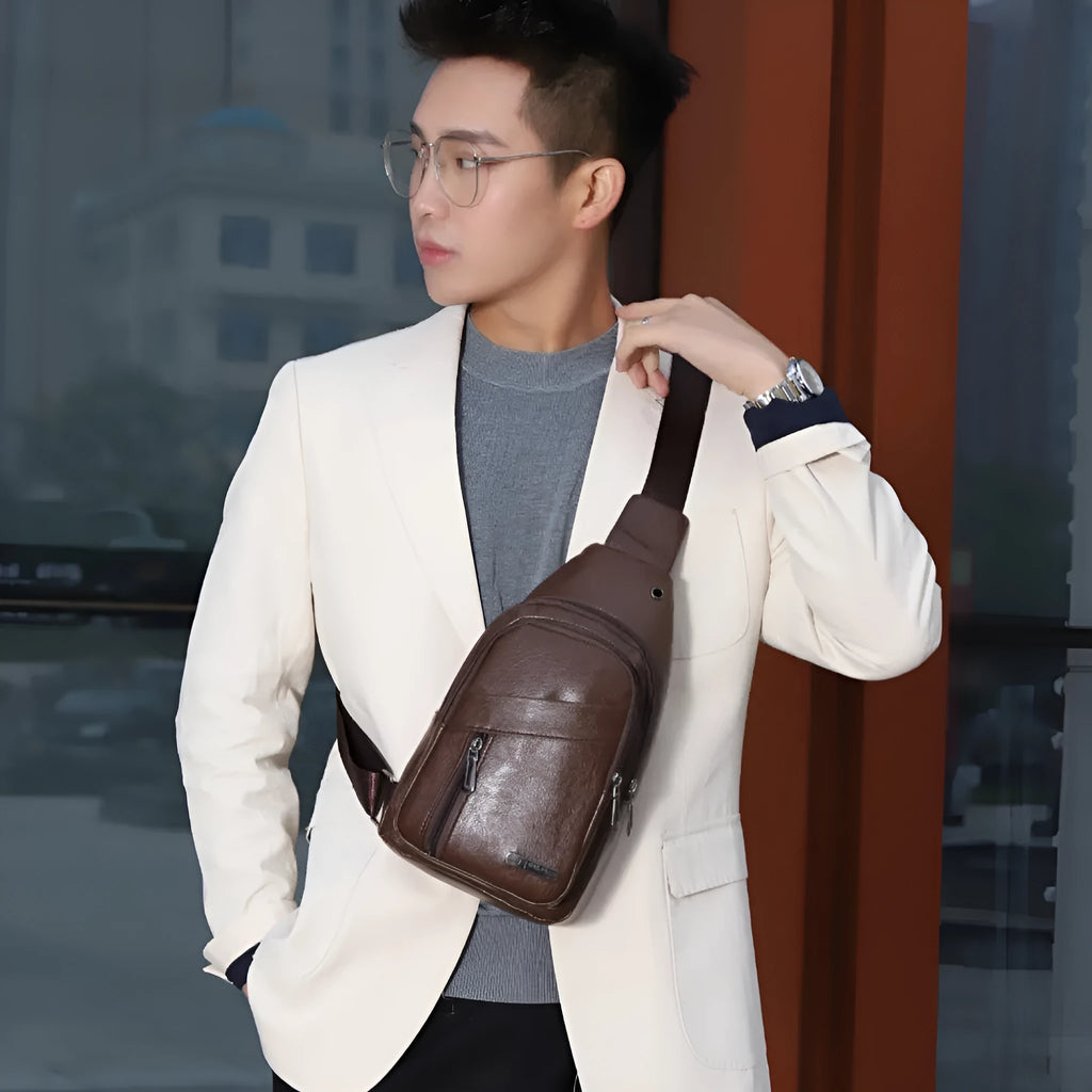 Men's multi-layer waterproof PU crossbody shoulder bag in urban simplicity style, available in black