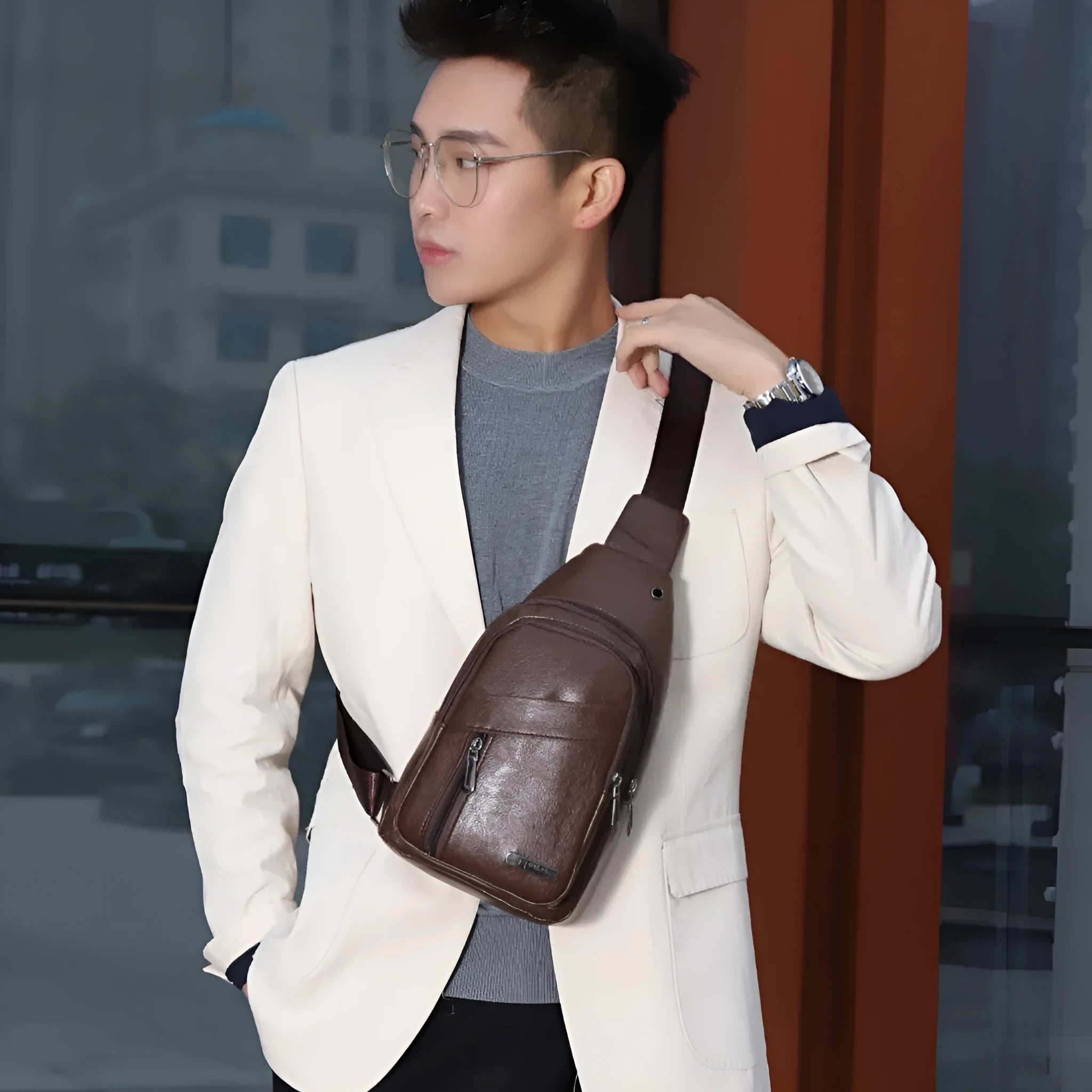 Men's multi-layer waterproof PU crossbody shoulder bag in urban simplicity style, available in black