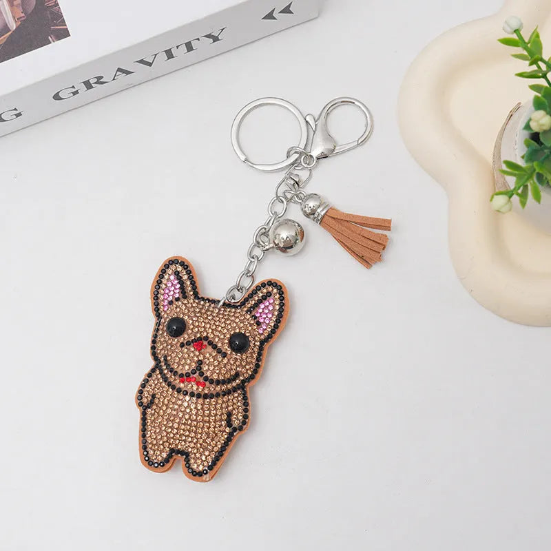 French dog rhinestone keychain with cartoon animal charm on electroplated alloy, 5-7cm size