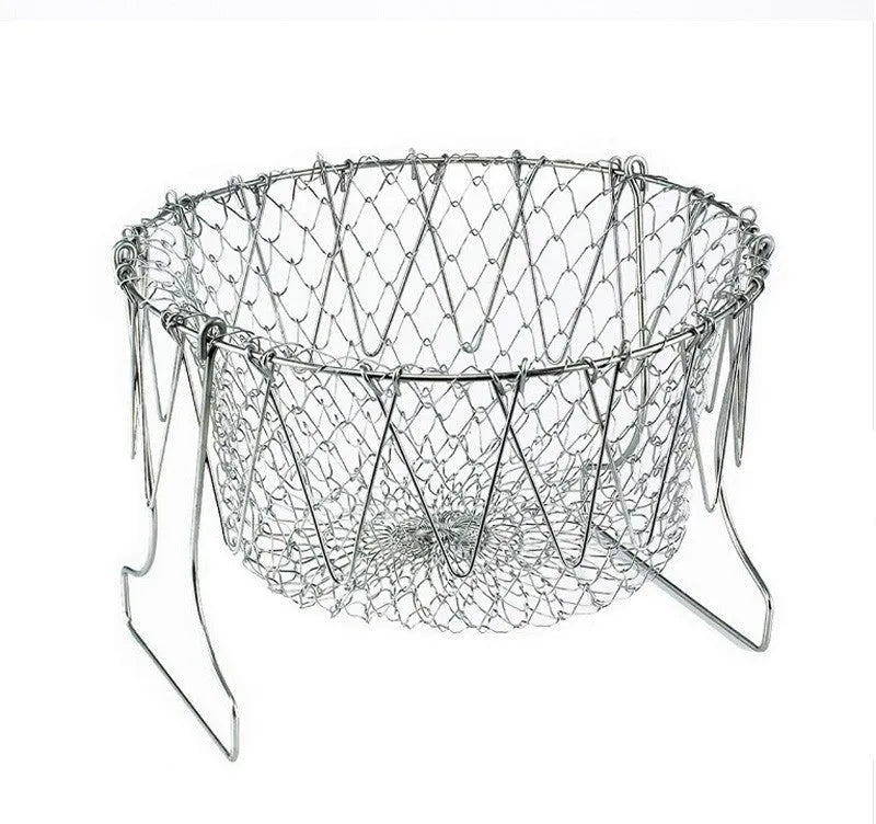 Foldable stainless steel deep fry basket with grid pattern, shown with handle.