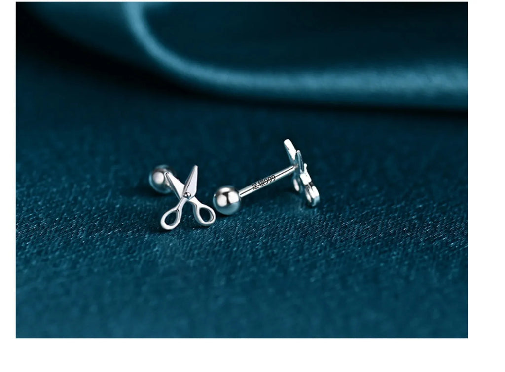 S999 pure silver ear nail with screw fitting and mini scissors detail