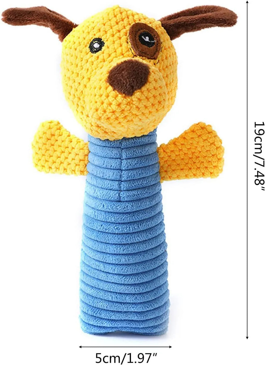 Squeaky stuffed dog toy in calf, frog, or puppy shape measuring 19x5cm