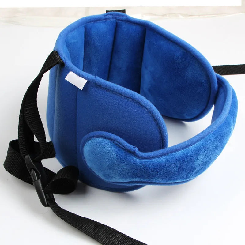 Child car seat head support in blue with hook and loop neck strap and rear waistband