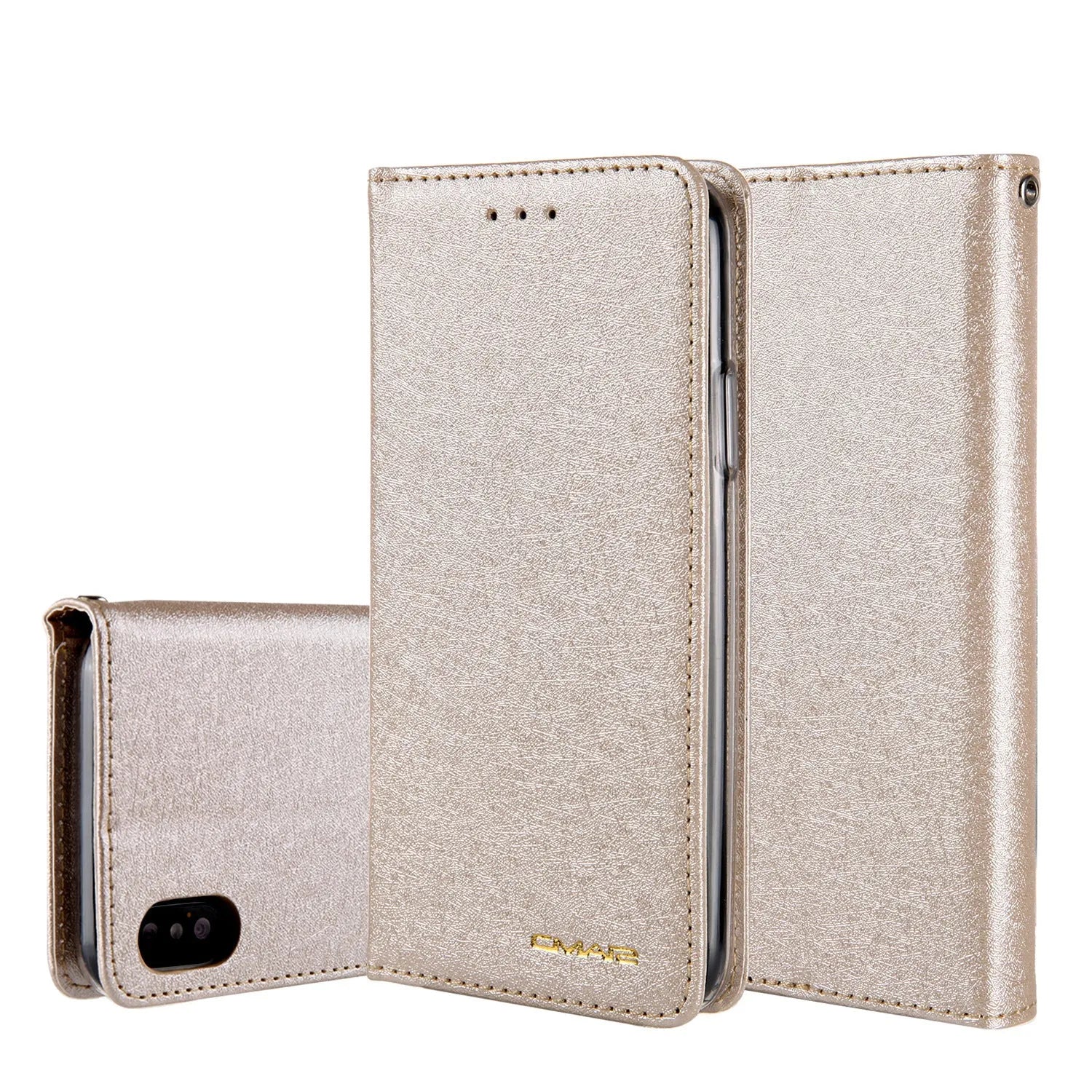PU leather flip phone case for iPhone in various colours, showing closed front and open view with card slots.