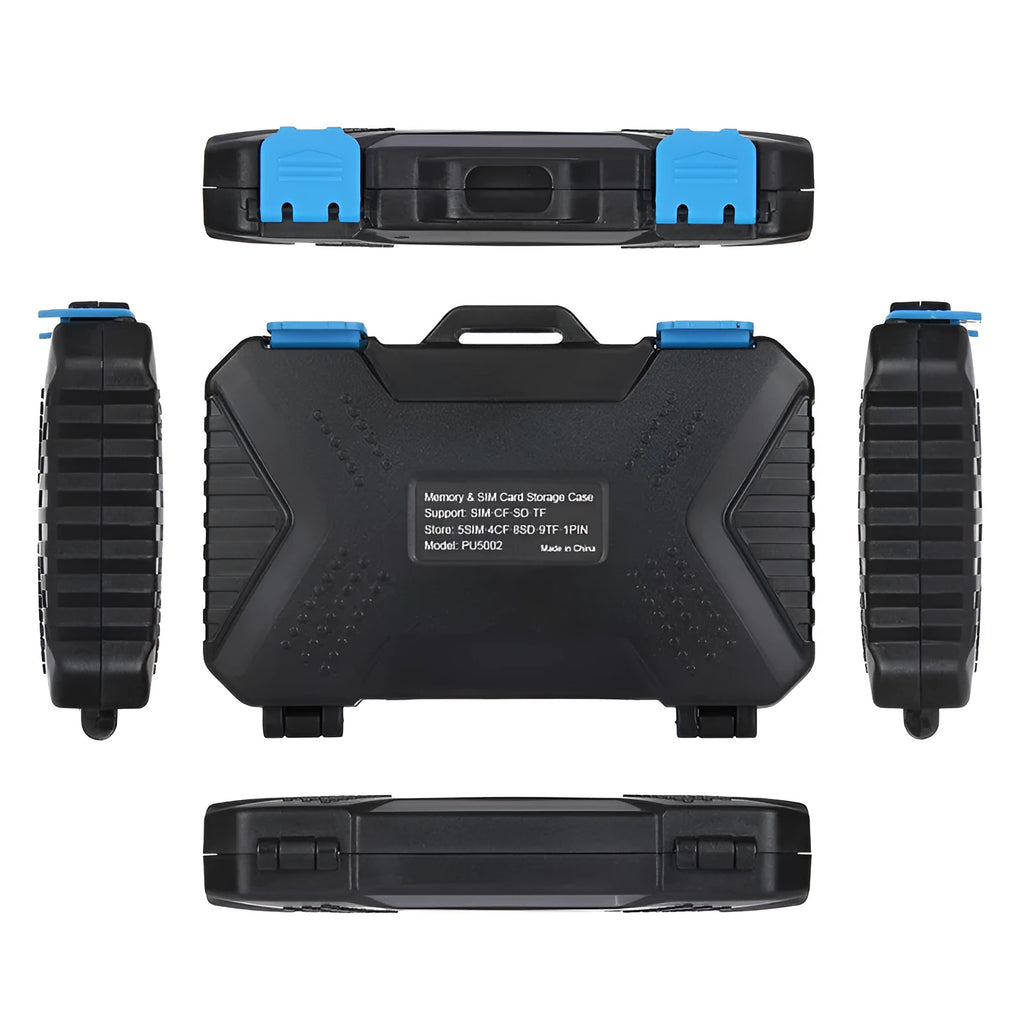 Black waterproof memory card case with ABS polycarbonate body and blue TPV seal, holding multiple cards