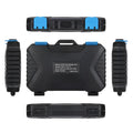 Black waterproof memory card case with ABS polycarbonate body and blue TPV seal, holding multiple cards