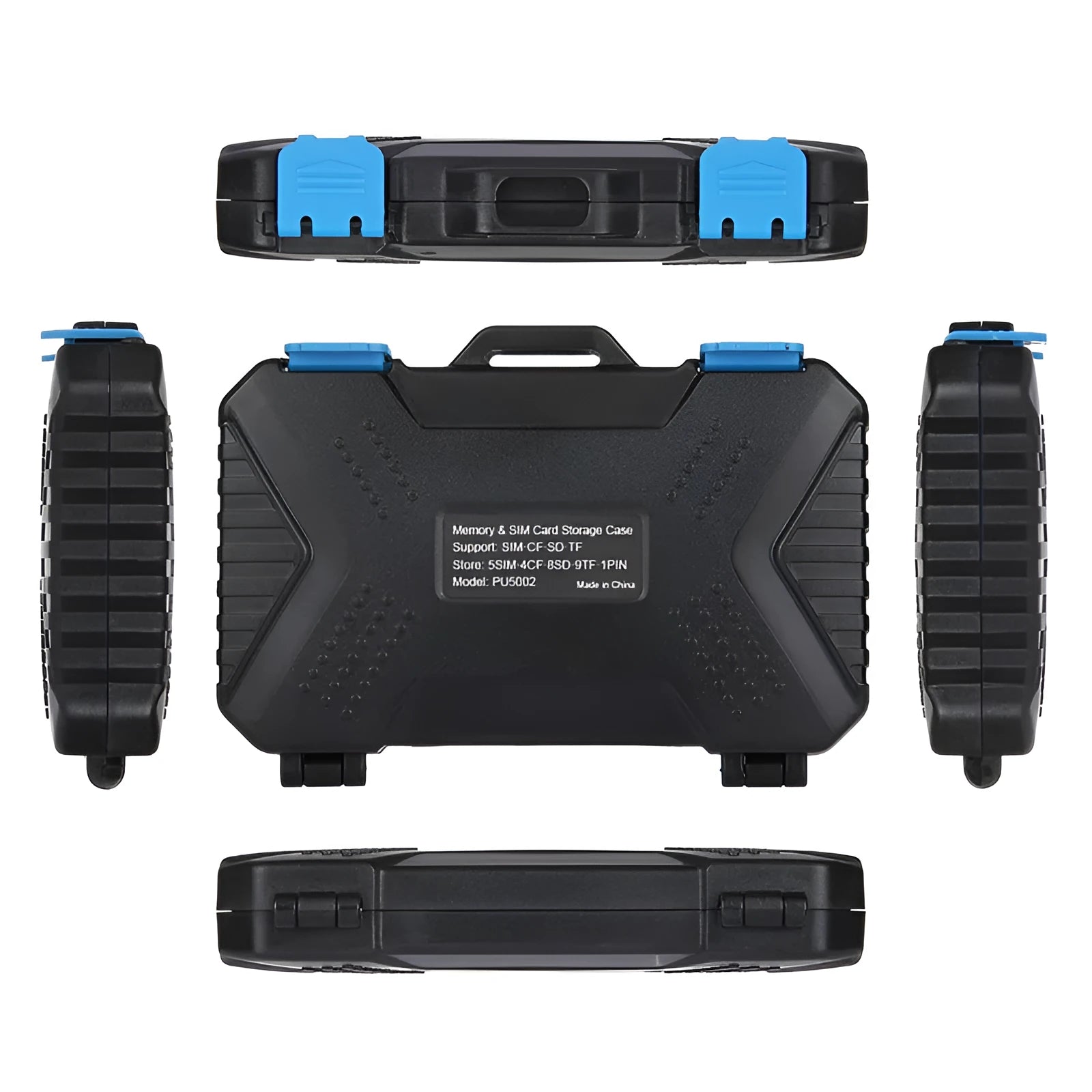Black waterproof memory card case with ABS polycarbonate body and blue TPV seal, holding multiple cards