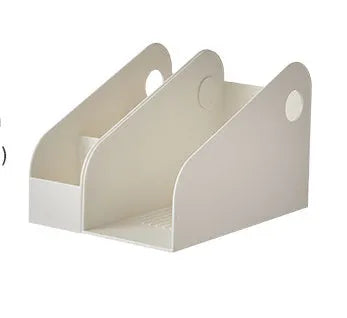 Two-tier white plastic desktop storage box with grid shelves for organising stationery and documents.