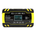 Yellow automatic battery charger 12V 24V for cars and motorcycles with 100-240V input