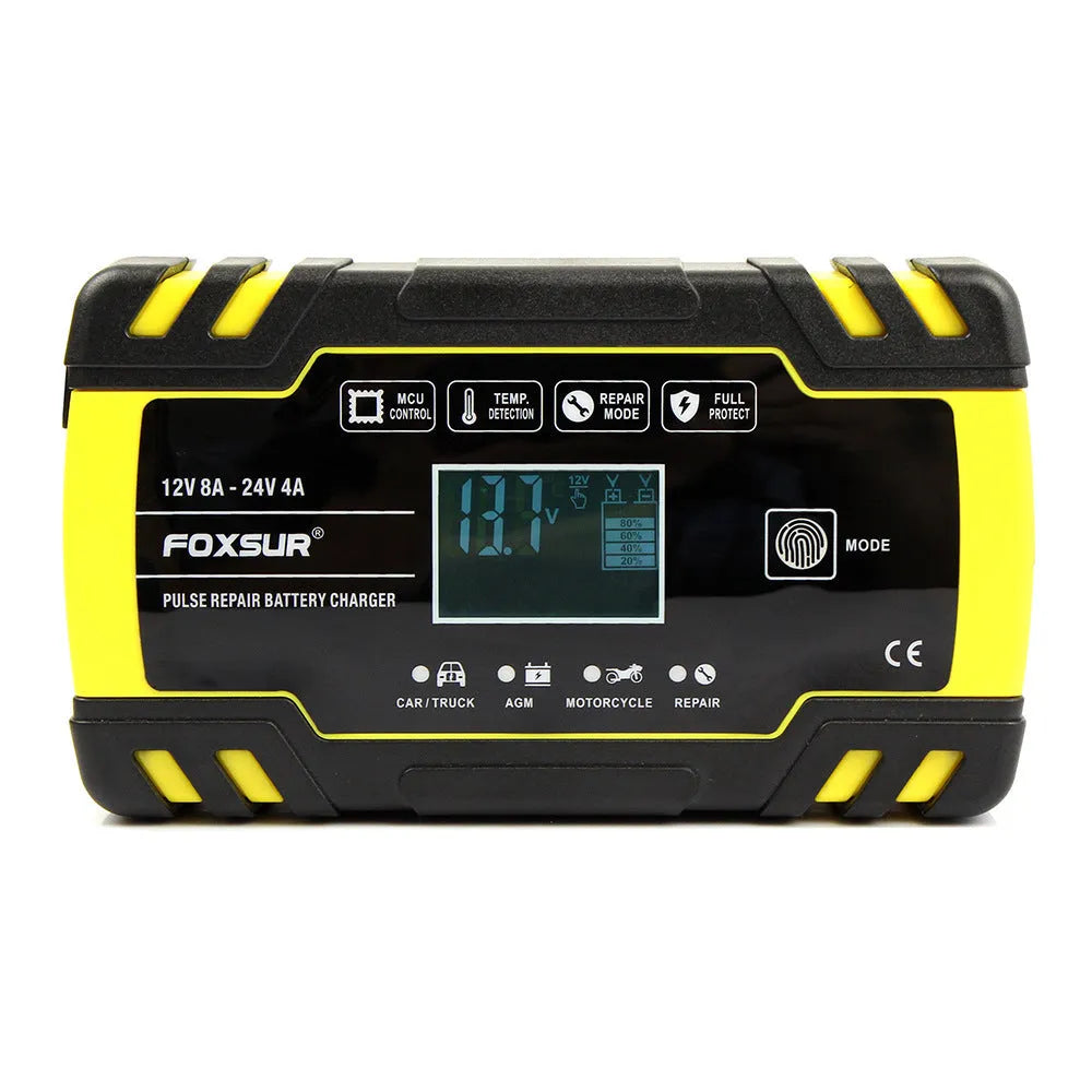 Yellow automatic battery charger 12V 24V for cars and motorcycles with 100-240V input