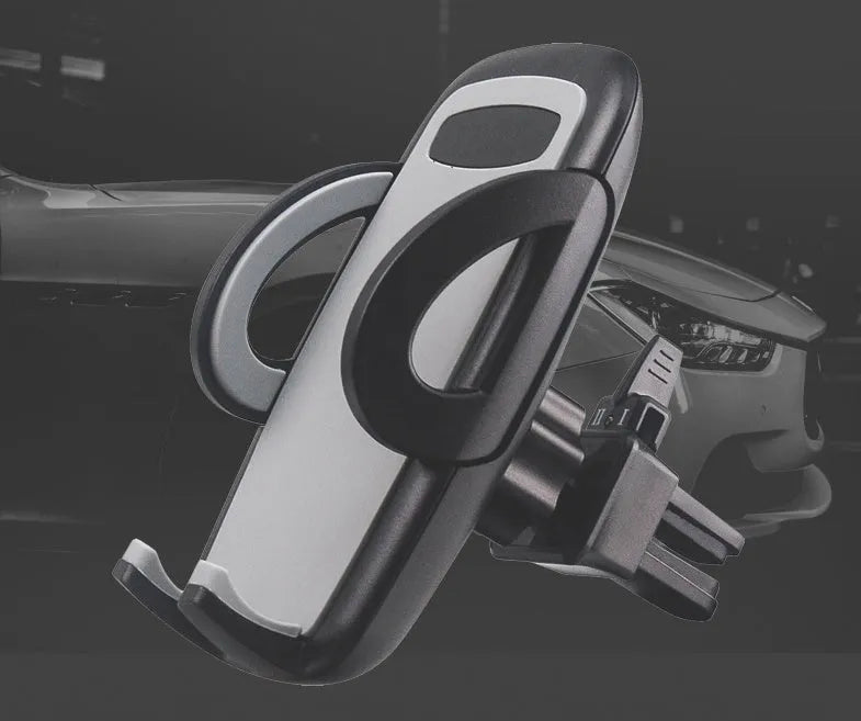 Black universal car air vent mobile phone holder mounted on a car vent, holding a smartphone.