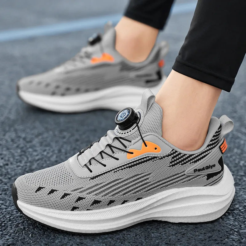 Men's rotating buckle Fly-knit mesh casual sports running shoes in low top design with TPU popcorn sole