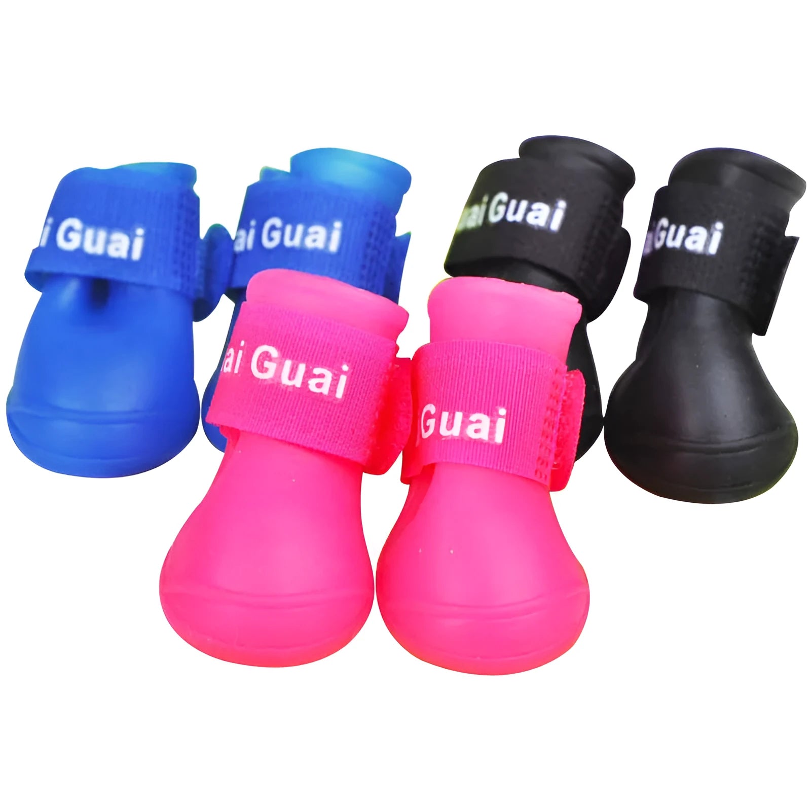Soft non-slip silicone pet rain boots for dogs in five colours, with rubber upper and textured sole