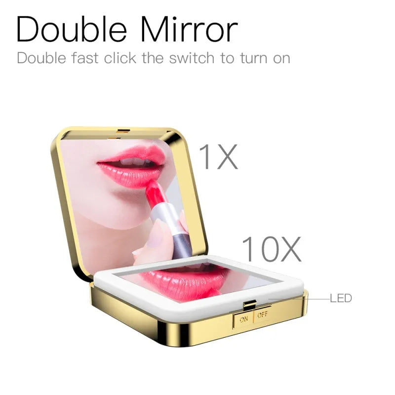 Black and white lighted makeup mirror with 4x magnification lens and adjustable LED lighting