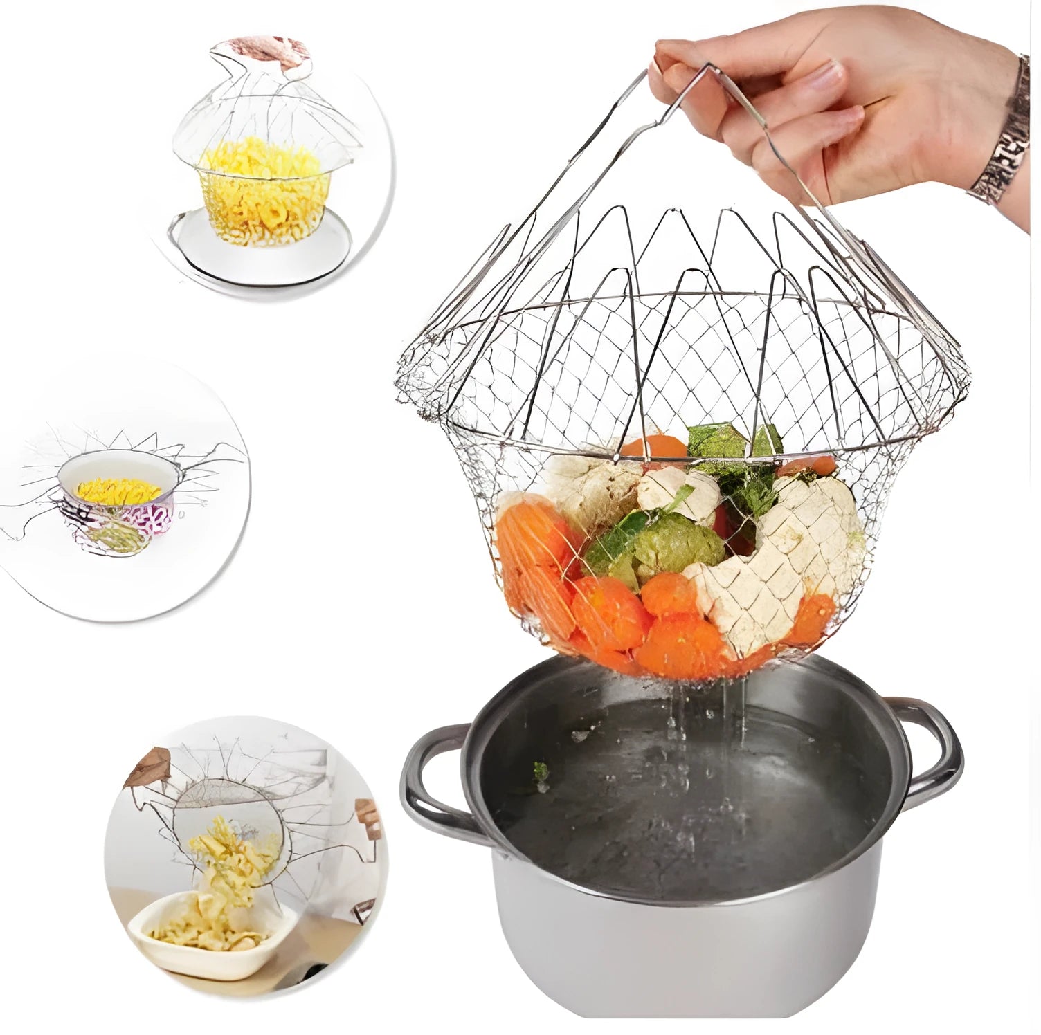 Foldable stainless steel deep fry basket with grid pattern, shown with handle.
