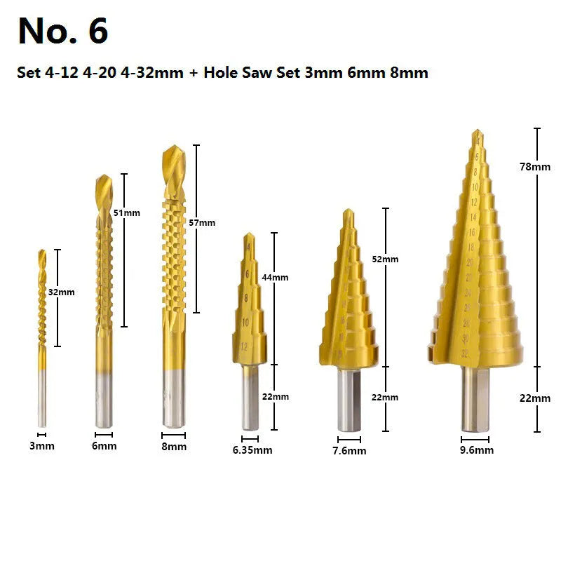 High-speed steel step drill bits and centre punch set for metalworking with colour-coded organisation