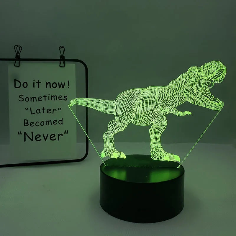Colourful cartoon dinosaur LED desk lamp with remote control and acrylic lampshade on a black base