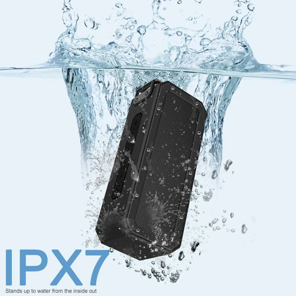 Black X3 PRO waterproof Bluetooth speaker with a climbing rope handle, showing front grill and control buttons.