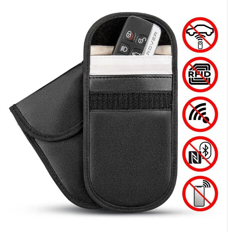 Black microfiber Faraday cage pouch for blocking car key fob and credit card signals.
