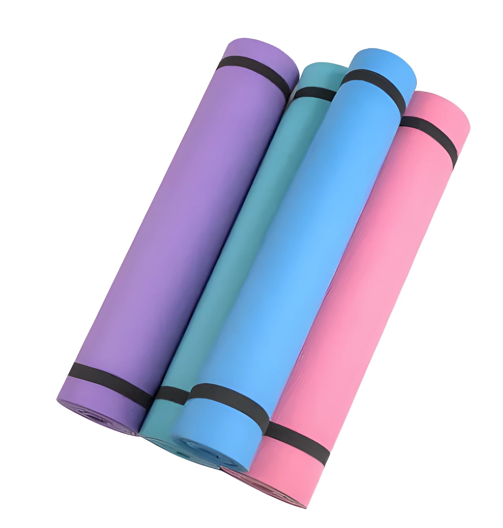 EVA yoga mat in blue showing thickness options of 4mm and 6mm with non-slip texture