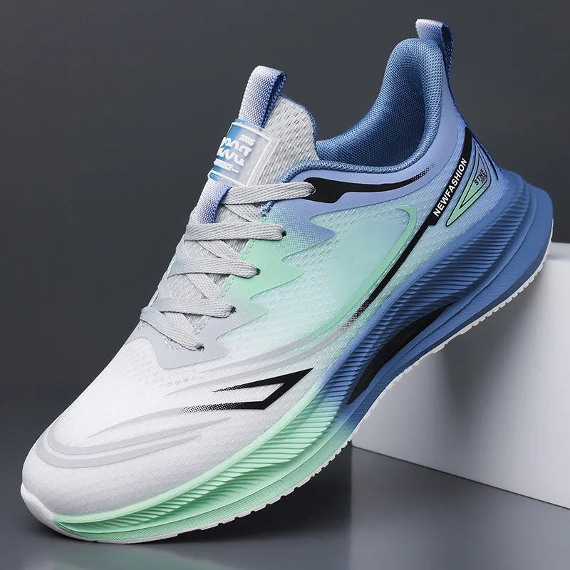 Men's low-top casual shoes in mesh with round toe and rubber sole, shown in black, blue, and grey-green colours.