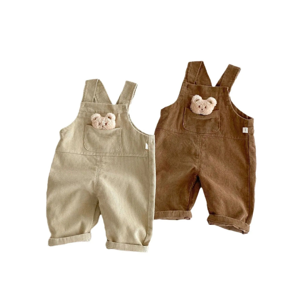 Boys' corduroy cotton bear suspender overalls in apricot solid colour spring autumn wear