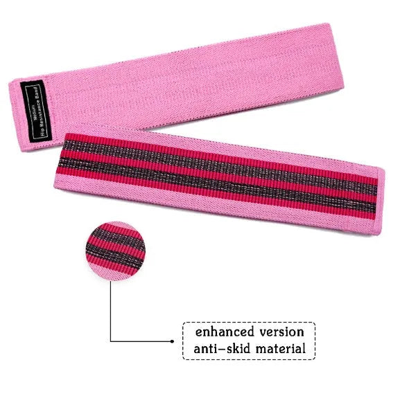 Set of three fabric resistance bands in lake blue, pink, and purple with a mesh storage bag.