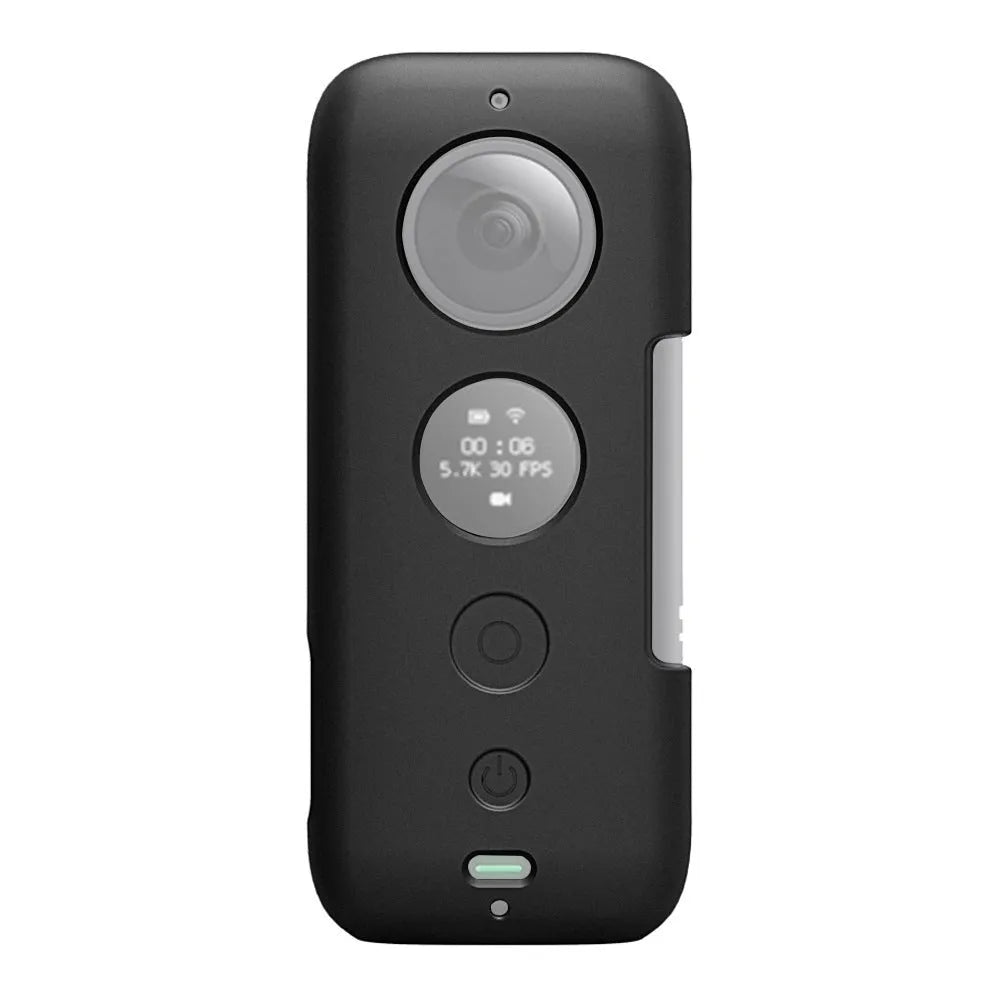 Black silicone protective case for Insta360 ONE X camera showing precise port cutouts