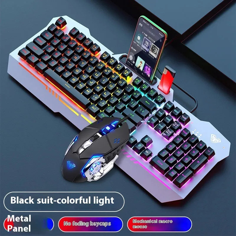 Black and white wired mechanical-feeling keyboard mouse headset bundles with RGB or blue backlighting