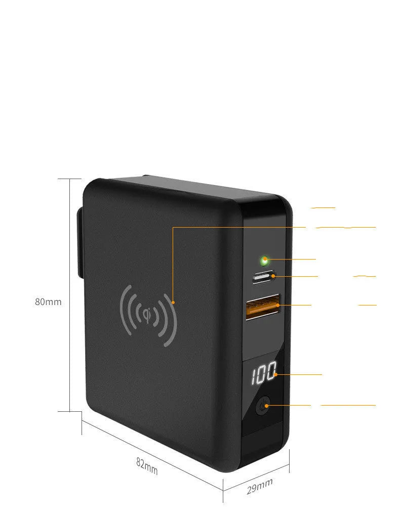 Black and white 10000mAh power bank with QI wireless charging and a set of international plug adapters
