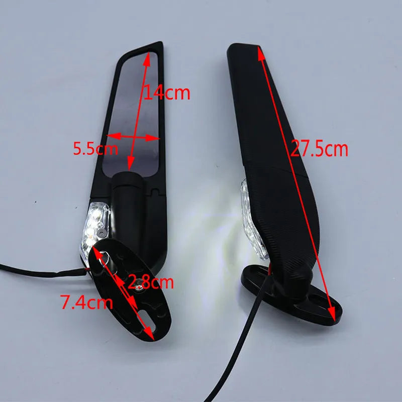 Motorcycle spoiler-style rearview mirror with integrated yellow LED light and convex lens