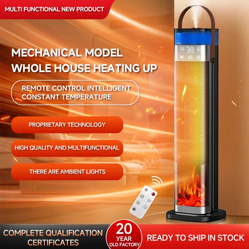 Vertical tower heater with humidification function and remote control, white casing.