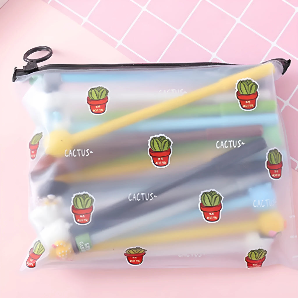 Marvel-themed 20 black gel pens with cartoon cactus designs in plastic storage case