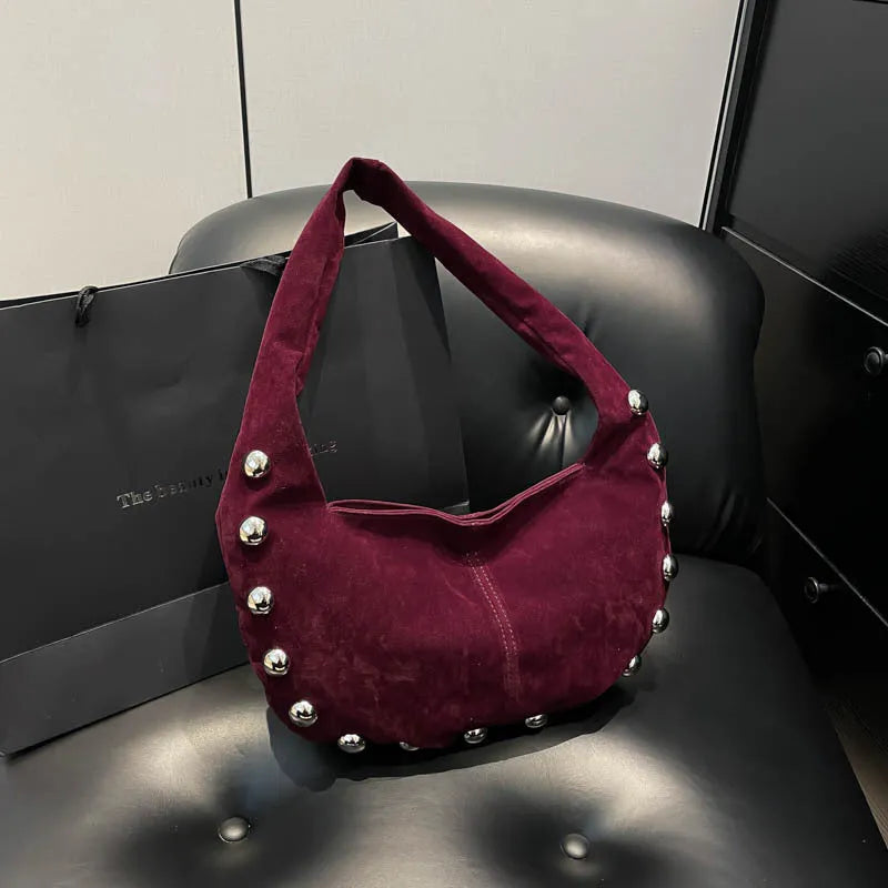 European and American style suede rivet underarm handbag in coffee colour with stitching and contrast detail
