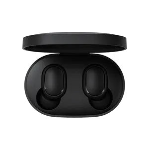 Redmi AirDots Black true wireless earbuds and charging case on a white background.