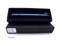 Silver inkless metal pen with alloy steel nib next to its presentation box and pen bag.