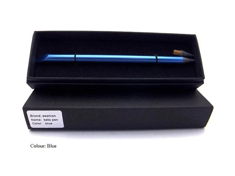 Silver inkless metal pen with alloy steel nib next to its presentation box and pen bag.
