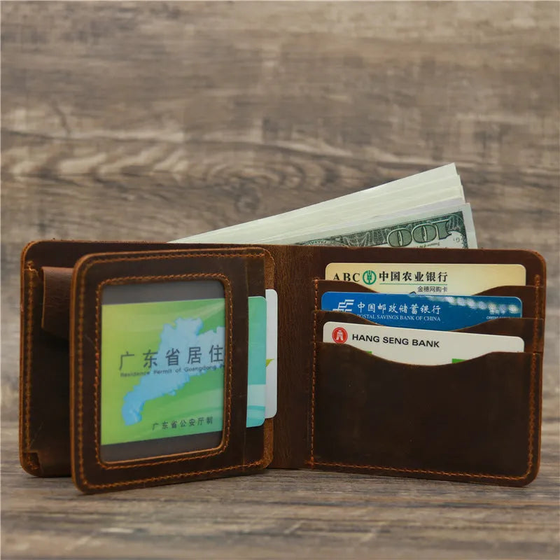 Men crazy horse leather money card wallet, retro red brown, 11.5cm long, horizontal design